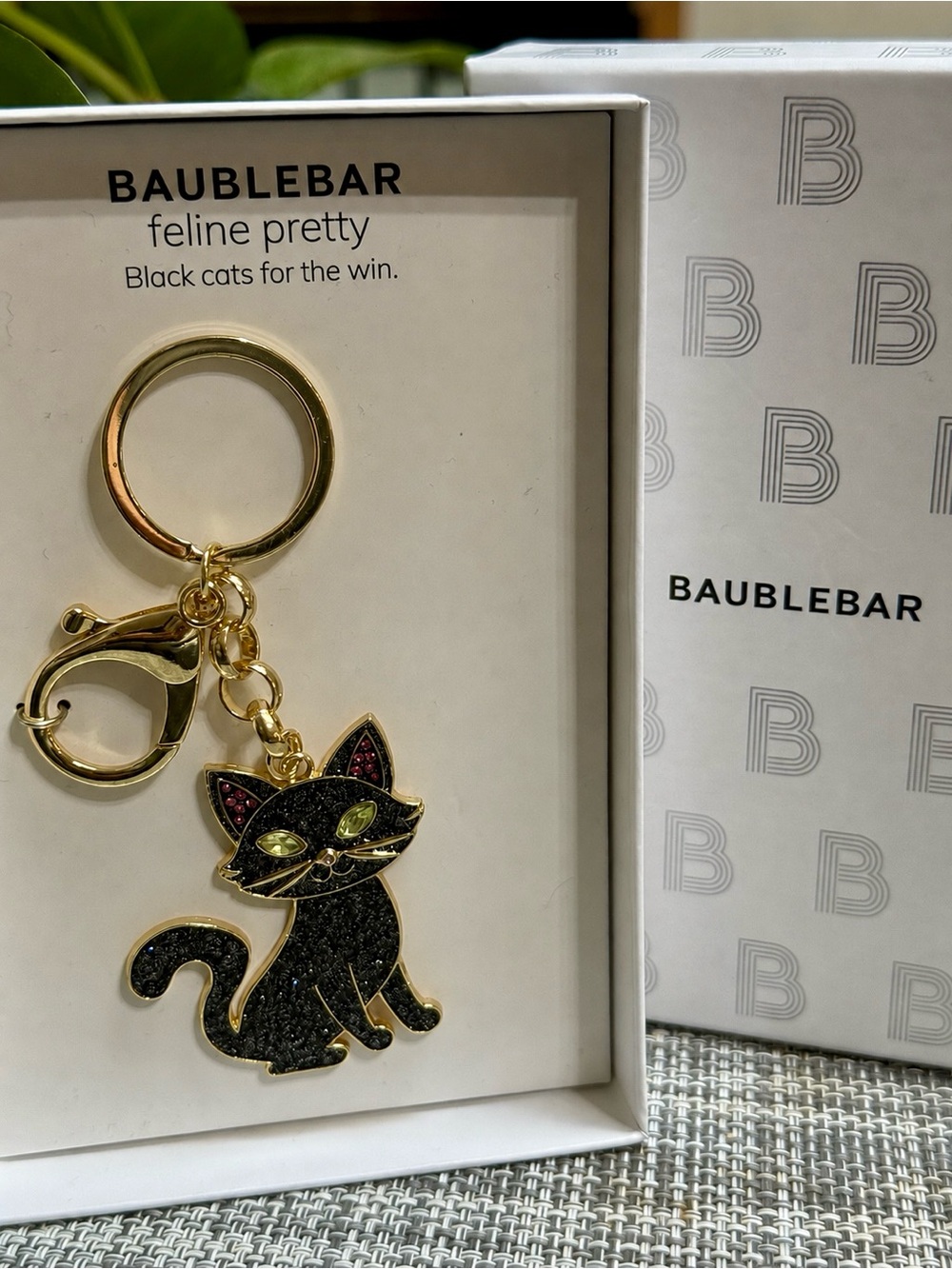 BaubleBar Black Cat Keyring Bag Charm with Gold Hardware and Green Eyes Kitty🐈‍⬛